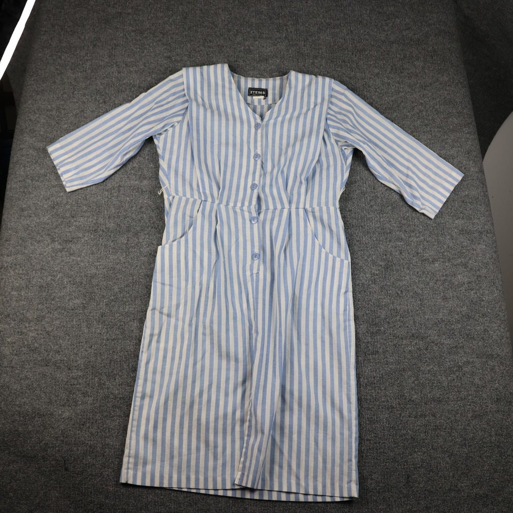 ITEMS Dress Womens Medium Blue White Striped Button Front Pockets Made USA Midi